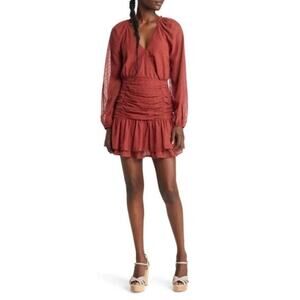 FLORET STUDIOS Swiss Dot Ruched Long Sleeve Minidress in Marsala Size M NWOT